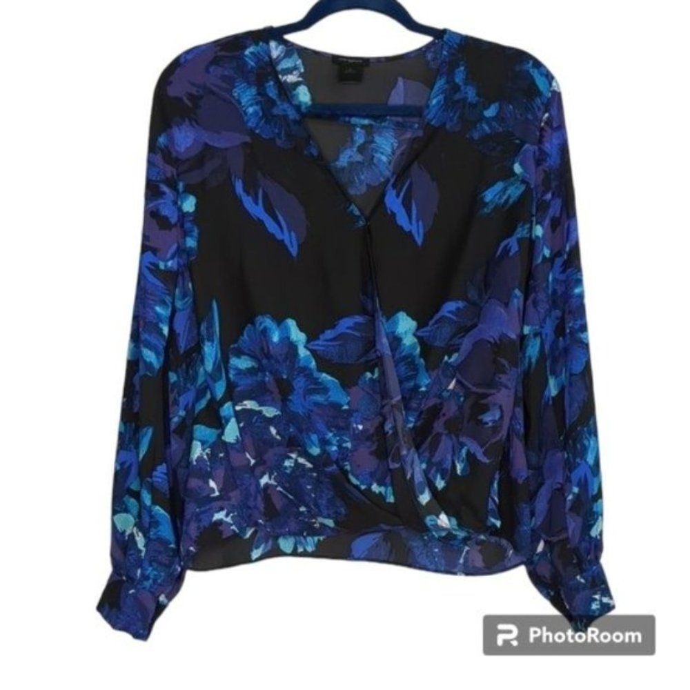 NWOT ANN TAYLOR Faux Wrap Blouse Blue, Teal & Purple Floral Print Sz S